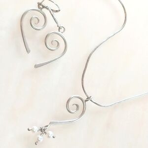 924 A.W. Silver Swirl Abstract Necklace and Earring Set with Accents